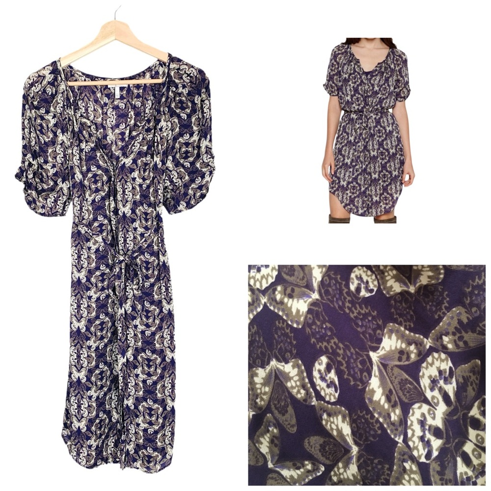 Joie Onalee Silk Dress Purple Butterfly Print Short Puffy Sleeves Size Large
